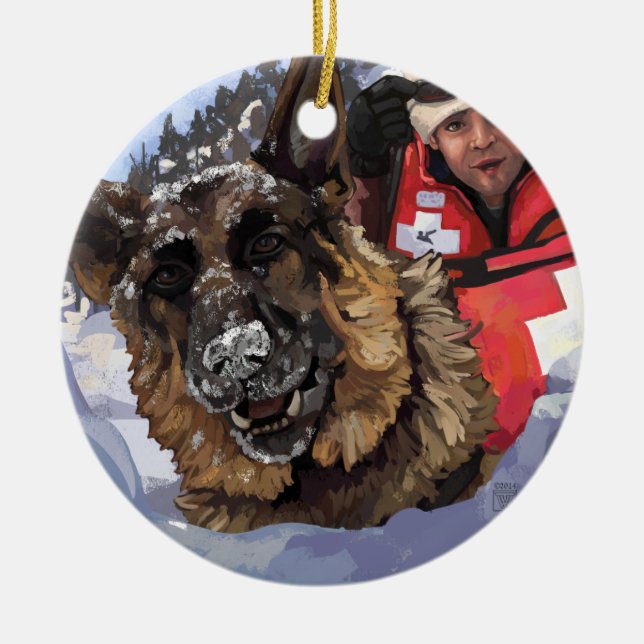 German Shepard Search and Rescue in the Snow Ceramic Tree Decoration (Front)