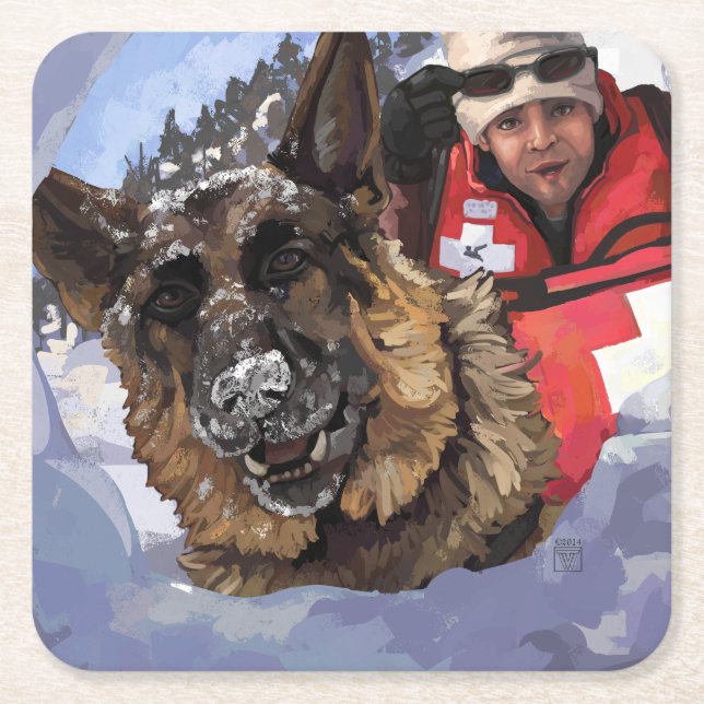 German Shepard Search and Rescue in the Snow Square Paper Coaster (Front)