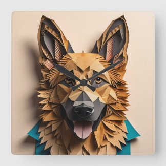 German Shepherd 3D Paper Art Design T-shirt  Square Wall Clock