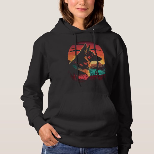 German Shepherd 80s Sunset Vintage Retro Style Hoodie (Front)