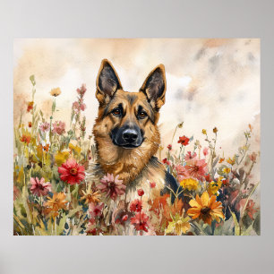 German Shepherd Among Vibrant Wildflowers Poster