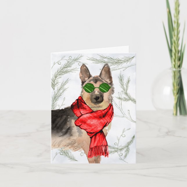 German Shepherd and Botanical Pines Christmas Holiday Card (Front)