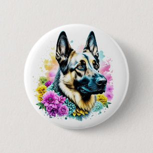 German Shepherd and Flowers ai art 6 Cm Round Badge