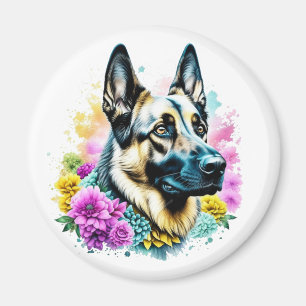 German Shepherd and Flowers ai art   Magnet