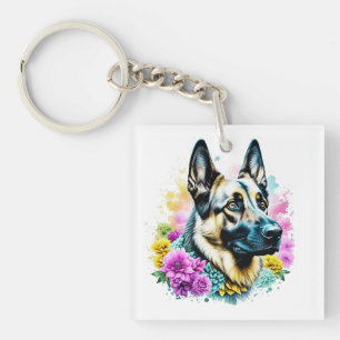 German Shepherd and Flowers ai art Personalised Key Ring