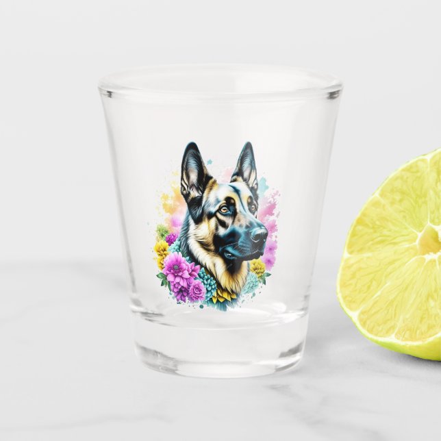 German Shepherd and Flowers ai art Shot Glass (Front)