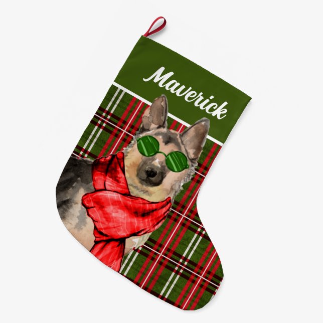 German Shepherd and Plaid with Dog's Name Large Ch Large Christmas Stocking (Front (Hanging))