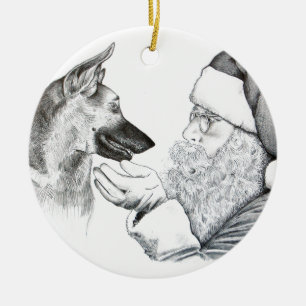 German Shepherd and Santa Claus Ceramic Tree Decoration