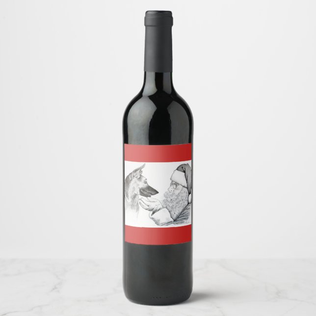German Shepherd and Santa Claus Christmas Wine Label (Front)