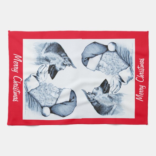 German Shepherd and Santa Claus Tea Towel (Horizontal)