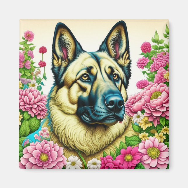 German Shepherd and Whimsical Flowers Magnet (Front)