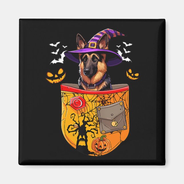 German Shepherd As Witch In Pocket Halloween Dog Magnet (Front)