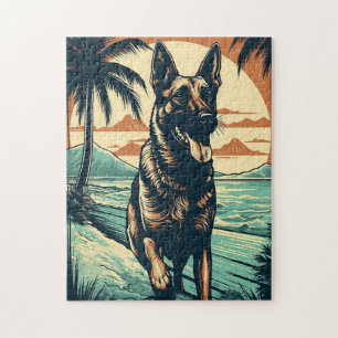 German Shepherd at a tropical beach during sunset Jigsaw Puzzle