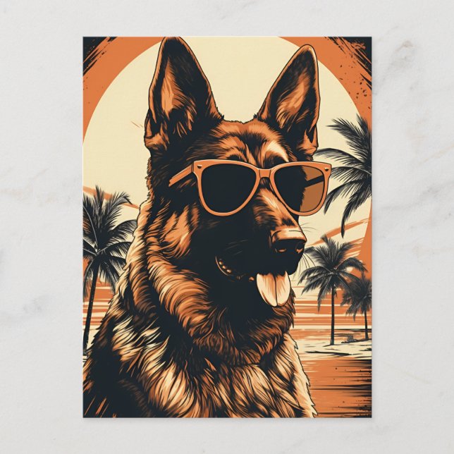 German Shepherd at a tropical beach during sunset Postcard (Front)