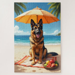 German Shepherd Beach Relax Scene Jigsaw Puzzle