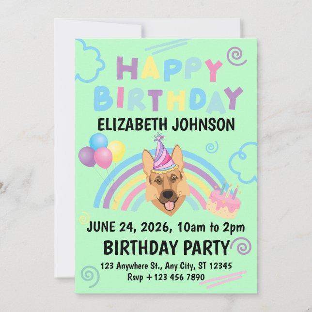 German Shepherd Birthday Invitation in Green (Front)