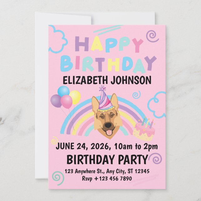 German Shepherd Birthday Party Invitation Pink (Front)