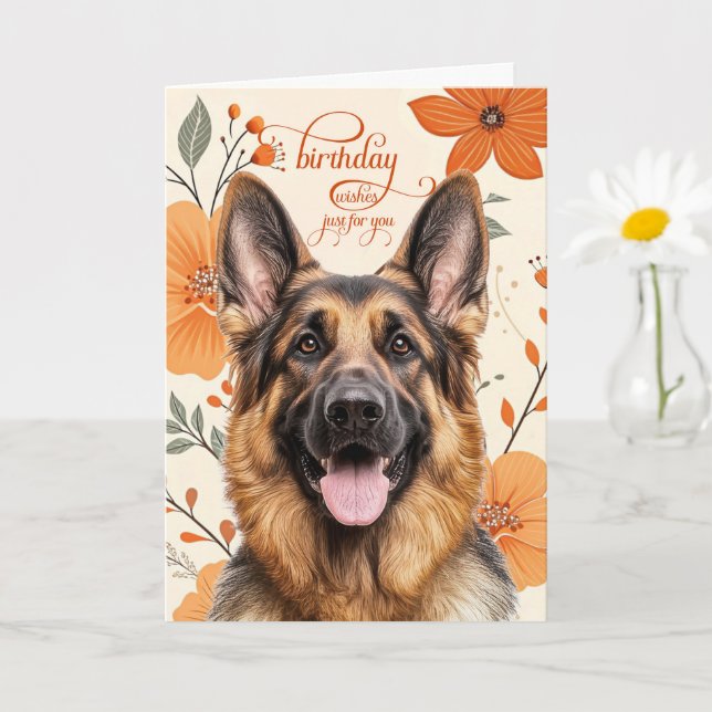 German Shepherd Bold Retro Orange Flowers Birthday Card (Small Plant)