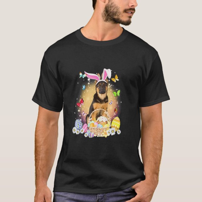 German Shepherd Bunny Dog With Easter Eggs Basket T-Shirt (Front)