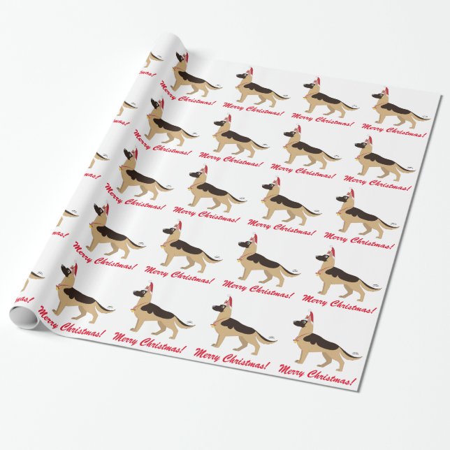 German Shepherd Cartoon Merry Christmas Wrapping Paper (Unrolled)