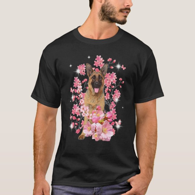 German Shepherd Cherry Blossom Flowers T-Shirt (Front)