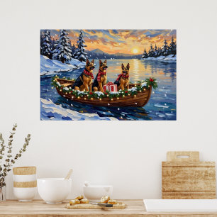 German Shepherd Christmas Boat Holiday Poster