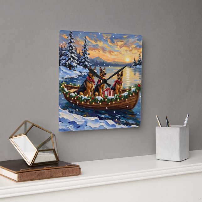 German Shepherd Christmas Boat Holiday Square Wall Clock (Office)