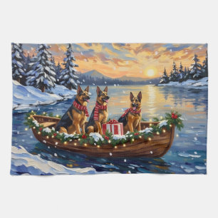 German Shepherd Christmas Boat Holiday Tea Towel