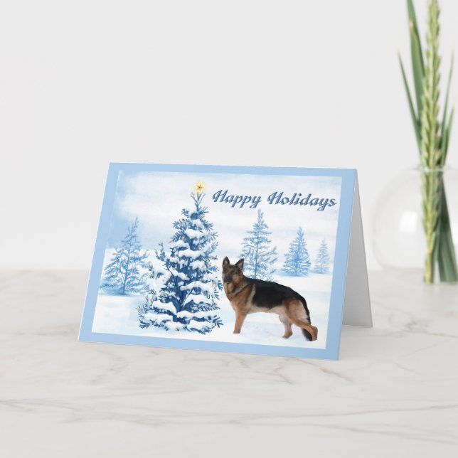 German Shepherd Christmas Card Blue Tree (Front)