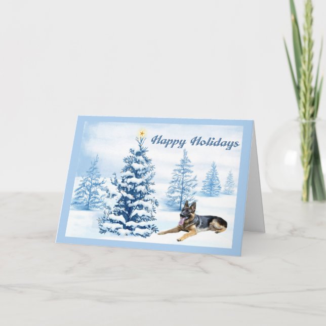 German Shepherd Christmas Card Blue Tree2 (Front)
