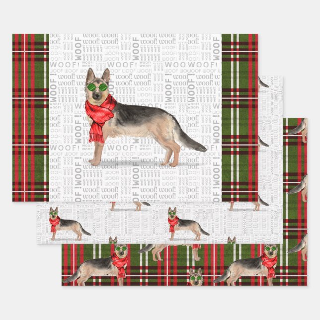 German Shepherd Christmas Dog and Plaid Wrapping Paper Sheet (Set)
