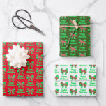 German Shepherd Christmas Dog & Green Bow 3 Color Wrapping Paper Sheet<br><div class="desc">German Shepherd / Alsatian dog silhouette in with red Christmas paper abstract pattern and green bow on 3 different color backgrounds. Replace the Happy Christmas with anything you like.  Perfect cute XMas dog paper for pet gifts.</div>