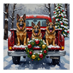 German Shepherd Christmas Red Truck Holiday Poster