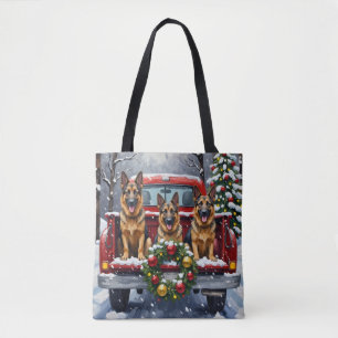 German Shepherd Christmas Red Truck Holiday Tote Bag