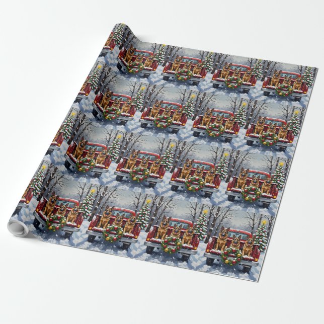 German Shepherd Christmas Red Truck Holiday Wrapping Paper (Unrolled)