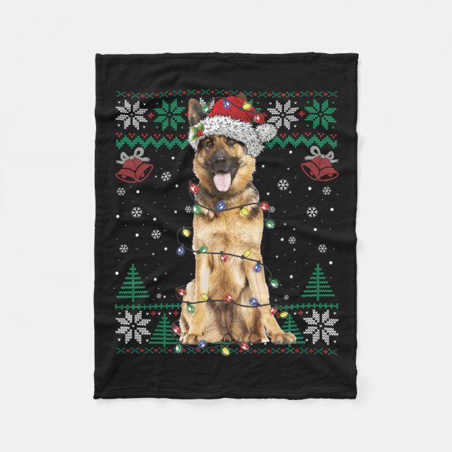 German Shepherd Christmas Santa Ugly Sweater Dog L Fleece Blanket (Front)