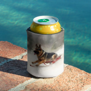 German Shepherd Christmas snow winter Can Cooler