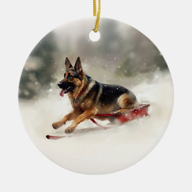 German Shepherd Christmas snow winter  Ceramic Tree Decoration (Front)