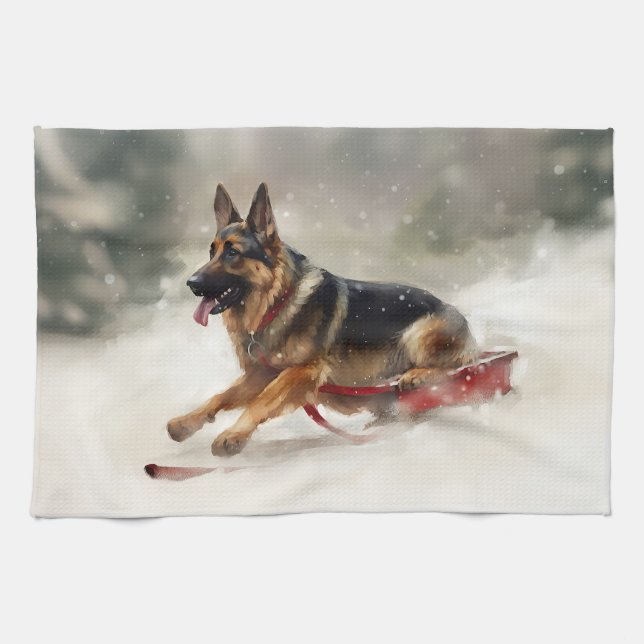 German Shepherd Christmas snow winter  Tea Towel (Horizontal)