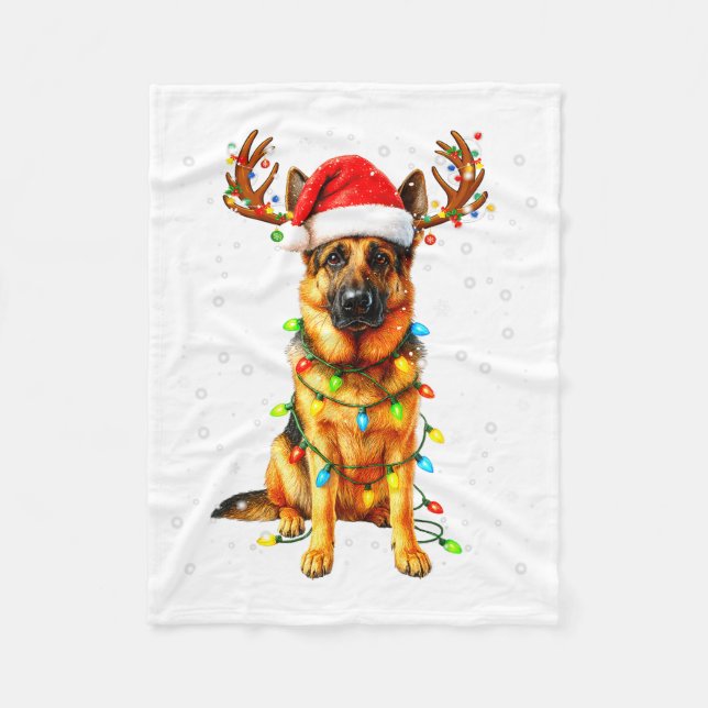 German Shepherd Christmas Tree Lights Pajama Dog L Fleece Blanket (Front)