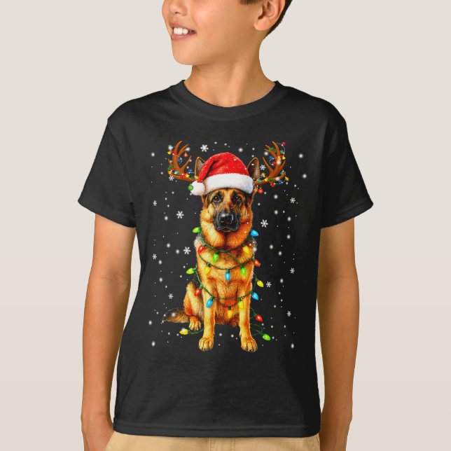 German Shepherd Christmas Tree Lights Pajama Dog L T-Shirt (Front)