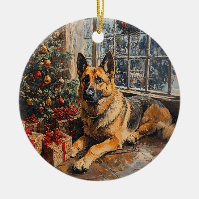 German Shepherd Christmas Tree Painting Ceramic Tree Decoration (Front)