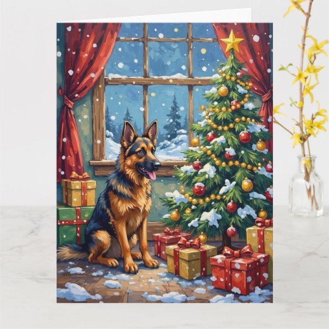German Shepherd Christmas Under The Tree Card (Yellow Flower)