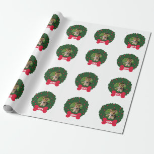 German Shepherd Christmas Wreath Dog's Photo Name Wrapping Paper