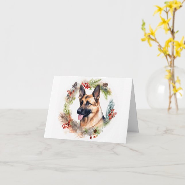 German Shepherd Christmas Wreath Festive Pup  Card (Yellow Flower)