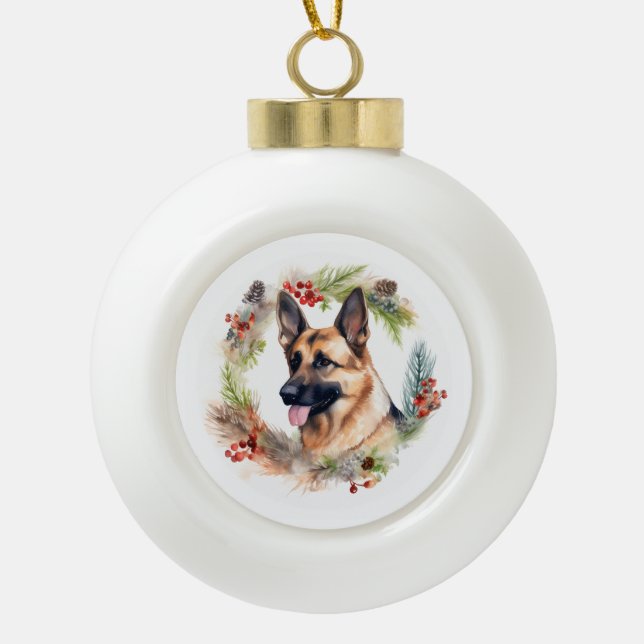 German Shepherd Christmas Wreath Festive Pup  Ceramic Ball Christmas Ornament (Front)