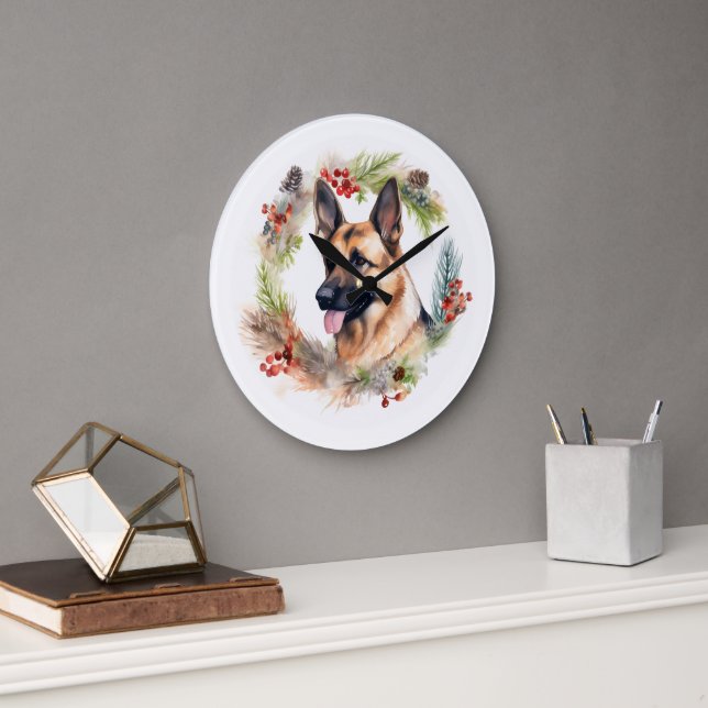 German Shepherd Christmas Wreath Festive Pup  Large Clock (Office)