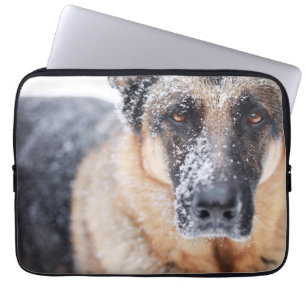 German Shepherd Closeup Covered In Snow Laptop Sleeve