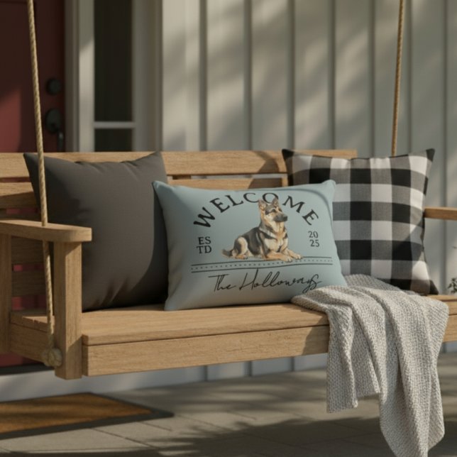 German Shepherd Custom Family Name Welcome Decorative Cushion (Welcome guests to your home with this German Shepherd Custom Family Name Welcome Throw Pillow!)