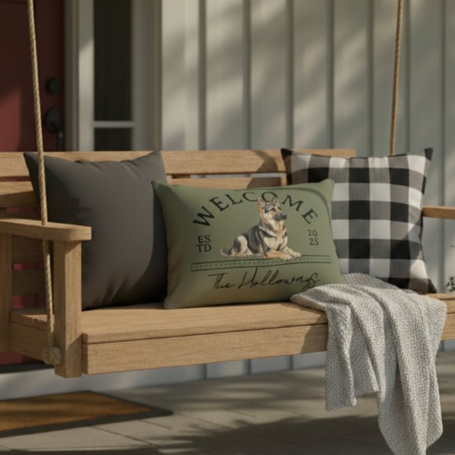 German Shepherd Custom Family Name Welcome Decorative Cushion (Welcome guest to your home with this German Shepherd Custom Family Name Welcome Throw Pillow!)